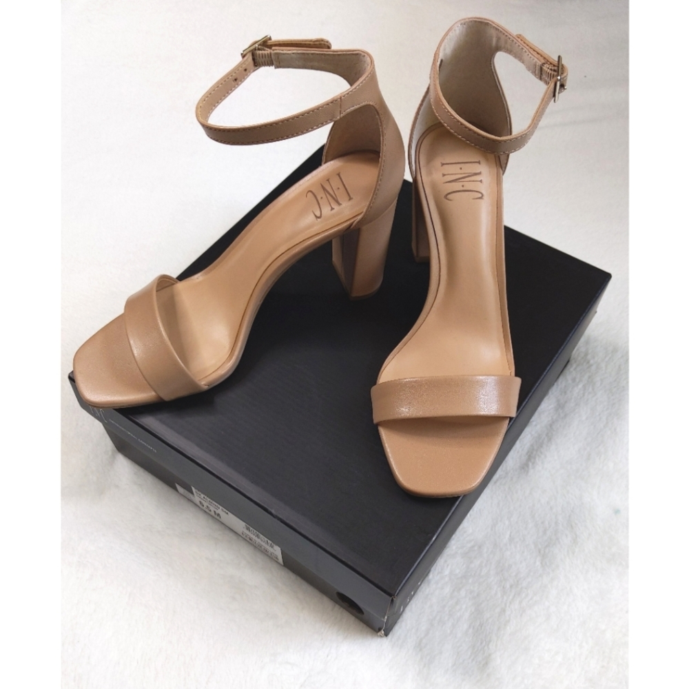 INC Lexini block heel beige tan open toe ankle